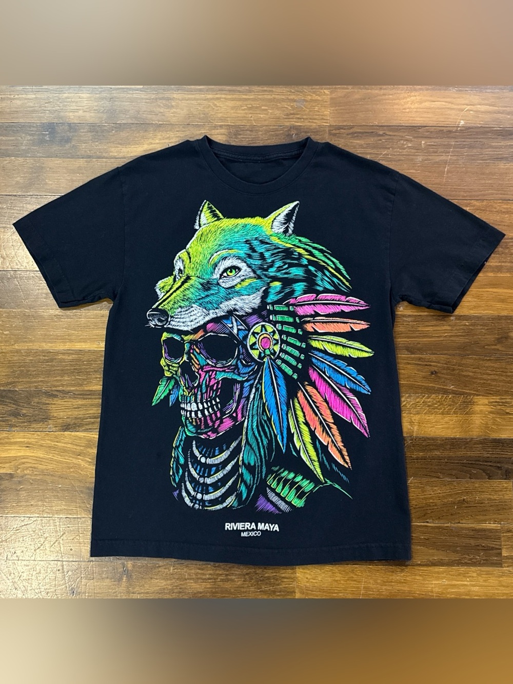 Riviera Maya Mexico Neon Wolf Skull Aztec Headdress Black T-Shirt Mens Small